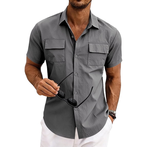 CHUMUD Linen Cargo Shirts for Men Summer Button Down Collared Shirt Short Sleeve Casual Tops