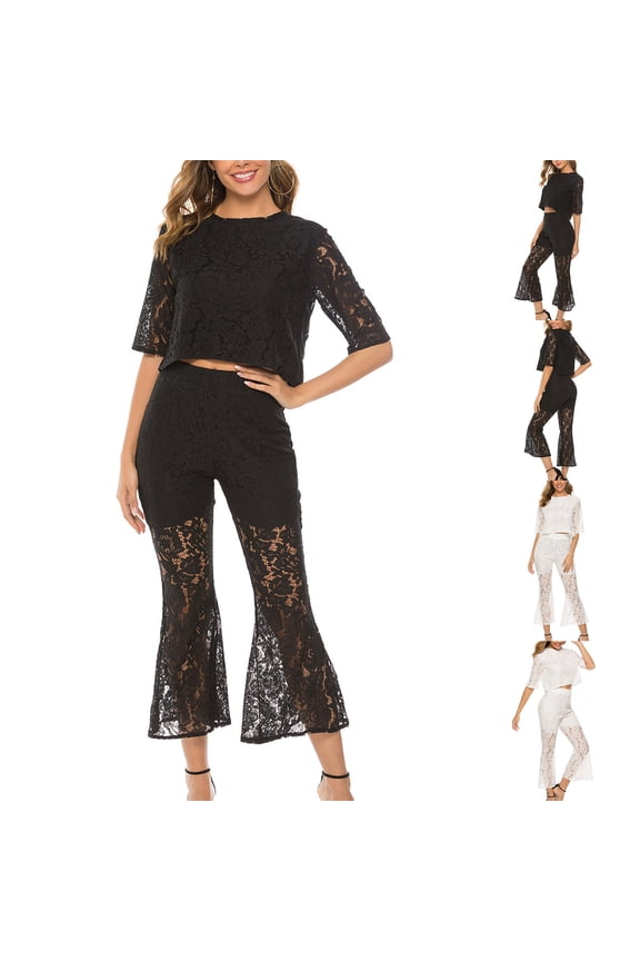Lounge Sets for Women Petite 2 Piece Summer Casual Short Sleeve Crop Tops High Waisted Pants Hollow Out Lace Tracksuit Matching Set Party Office Work