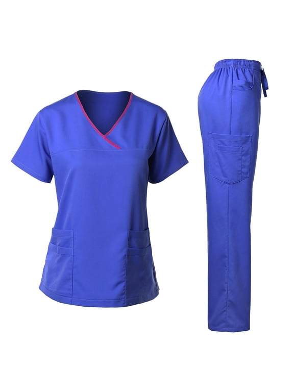 Medical Uniform Scrubs for Women Set – V Neck Stretch Contrast Binding Top and Pants Sets, 9 Pockets, Nursing Workwear