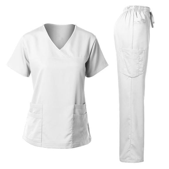 CHUMUD Medical Uniform Scrubs for Women Set – V Neck Stretch Contrast Binding Top and Pants Sets, 9 Pockets, Nursing Workwear
