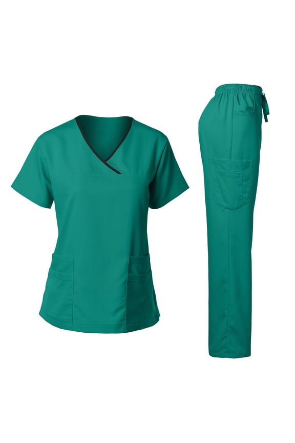 Medical Uniform Scrubs for Women Set – V Neck Stretch Contrast Binding Top and Pants Sets, 9 Pockets, Nursing Workwear
