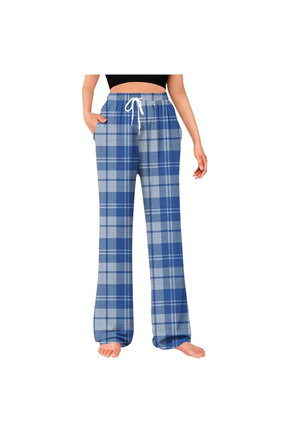 Men Women Plaid Pants Drawstring High Waisted Loose Trousers with Pockets Baggy Lounge Sleepwear Travel Pants