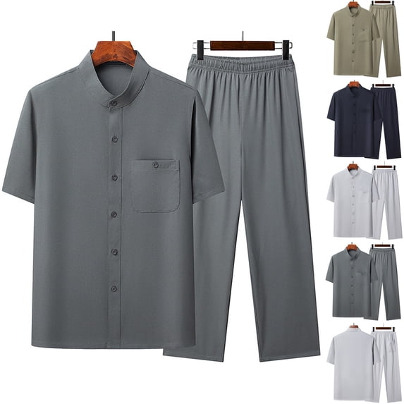 CHUMUD Men's 2 Piece Sets Button Down Short Sleeve Mock Neck Pocket Shirts and Eastic Waisted Trousers Set Texture Summer Casual Outfits