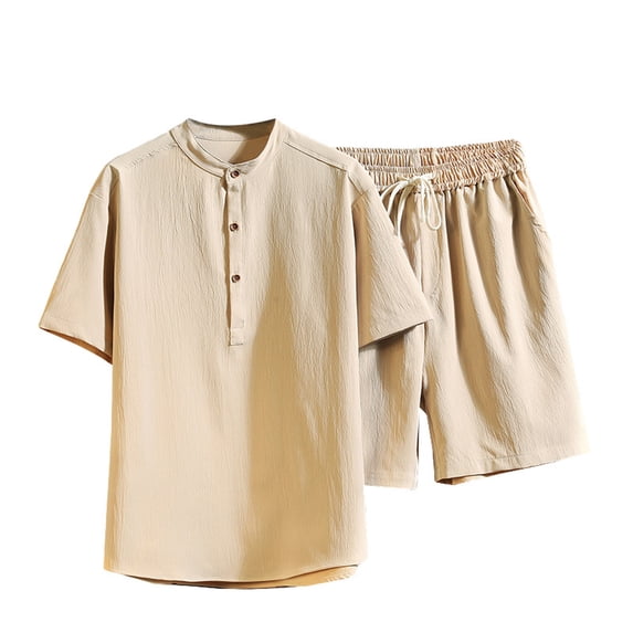CHUMUD Men's 2 Piece Sets Cotton Linen Half Button Mock Neck Short Sleeve Shirts and Drawstring Eastic Waisted Shorts Set Texture Summer Casual Outfits (Avail for Big and Tall)