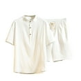 thumbnail image 1 of CHUMUD Men's 2 Piece Sets Cotton Linen Half Button Mock Neck Short Sleeve Shirts and Drawstring Eastic Waisted Shorts Set Texture Summer Casual Outfits (Avail for Big and Tall), 1 of 5