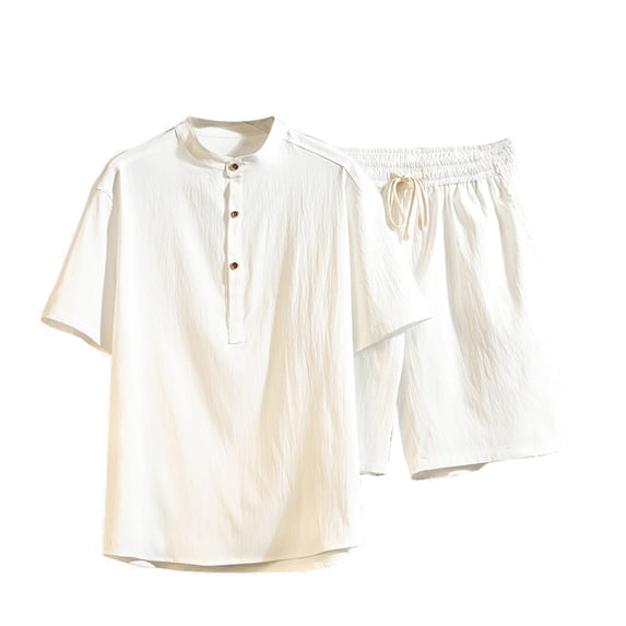 CHUMUD Men's 2 Piece Sets Cotton Linen Half Button Mock Neck Short Sleeve Shirts and Drawstring Eastic Waisted Shorts Set Texture Summer Casual Outfits (Avail for Big and Tall)