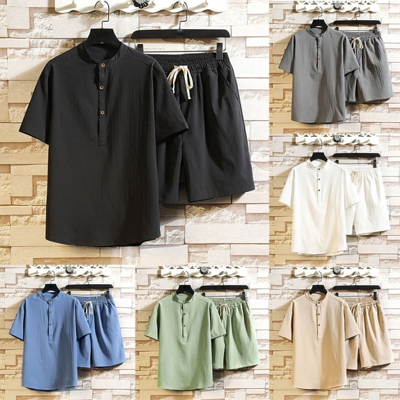 CHUMUD Men's 2 Piece Sets Cotton Linen Half Button Mock Neck Short Sleeve Shirts and Drawstring Eastic Waisted Shorts Set Texture Summer Casual Outfits (Avail for Big and Tall)