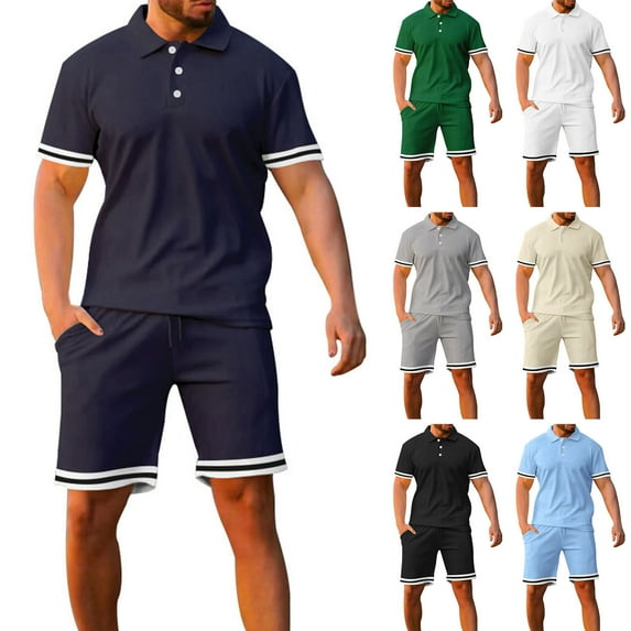 CHUMUD Men's 2 Piece Sets Half Button Short Sleeve Collared Shirts and Drawstring Eastic Waisted Shorts Set Athletic Set Basketball Football Training Running Gym Texture Summer Trendy Casual Outfits