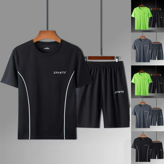CHUMUD Men's 2 Piece Sets Short Sleeve Crew Neck T Shirts and Eastic Waisted Shorts Set Workout Clothes Athletic Set Basketball Football Training Running Gym Texture Summer Trendy Casual Outfits