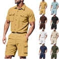 thumbnail image 1 of CHUMUD Men's Cargo 2 Piece Sets Button Down Pocket Shirts Short Sleeve Collared Shirt and Drawstring Eastic Waisted Shorts Set Texture Summer Hiking Trendy Vacation Casual Outfits, 1 of 9