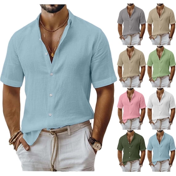 CHUMUD Men's Cotton Linen Shirts Short Sleeve Casual Shirts Button Down Shirt Collared Summer Blouse