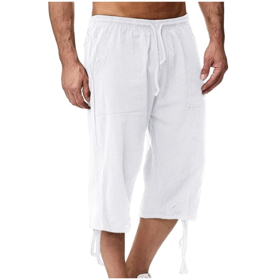 CHUMUD Men's Cotton Linen Shorts Relaxed Fit Elastic Waist Shorts Stretchy Capris Summer Casual with Pockets