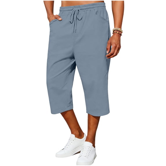 CHUMUD Men's Cotton Shorts Relaxed Fit Loose Drawstring Elastic Waist Baggy Capris Summer Casual with Pockets Outdoor