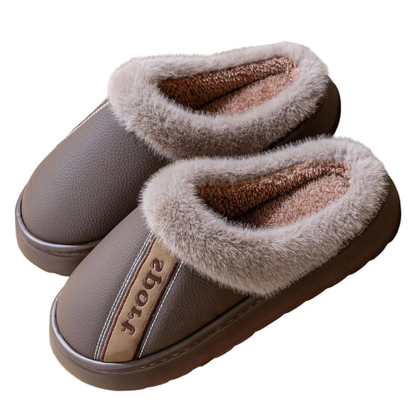 CHUMUD Men's Faux Leather Slippers with Fur Collar - Warm Fleece Lined, Anti-Slip Rubber Sole Winter House Shoes