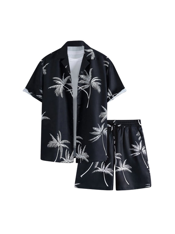 Men's Hawaiian Matching Set Summer Outerwear Beach 2 Piece Vacation Outfits Tropical print Shirts and Shorts