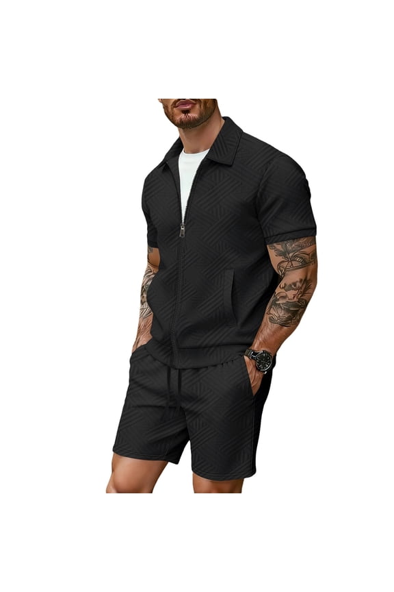 Men's Hawaiian Matching Set Summer Textured Classy Zipper Outerwear Beach 2 Piece Vacation Outfits Short Sleeve Shirts and Shorts
