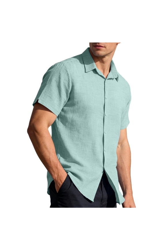 Men's Linen Shirts Casual Button Down Short Sleeve Shirt Solid Spread Collar Summer Beach Vacation Shirts Untucked Tops