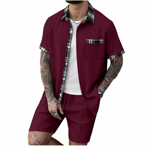 CHUMUD Mens 2 Piece Outfit Set Tracksuits Button Down Shirts jJackets and Shorts Summer Beach Vacation Lounge Workout Short Sleeve Plaid Sets Everyday