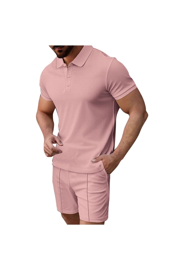 Mens 2 Piece Summer Outfits Classy Casual Half Button Golf Shirt and Shorts Set Stretch Short Sleeve Waffle Suit