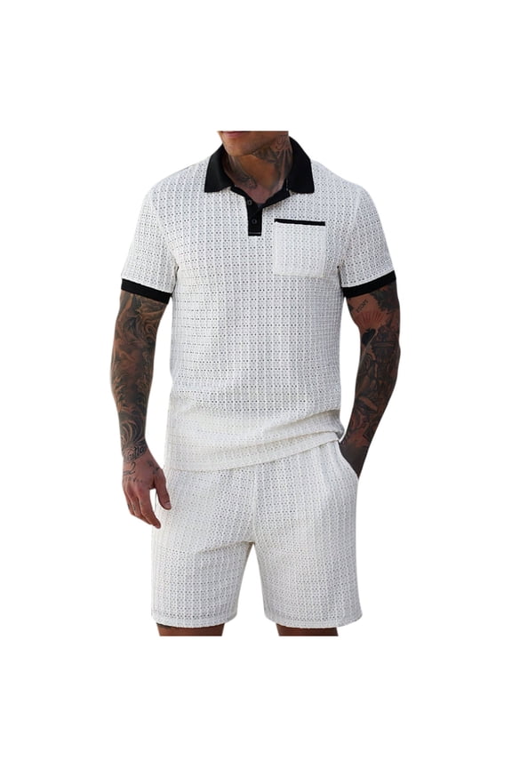 Mens 2 Piece Summer Outfits Classy Casual Quarter Zip Golf Pocket Shirt and Shorts Set Stretch Short Sleeve Hollow Out Suit