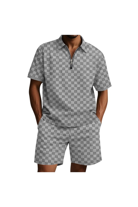 Mens 2 Piece Summer Outfits Plaid Classy Casual Quarter Zip Golf Shirt and Shorts Set Stretch Short Sleeve Suit
