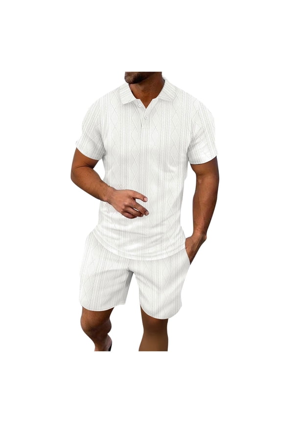 Mens 2 Piece Summer Outfits Textured Classy Casual Half Button Collared Golf Shirt and Shorts Set Stretch Short Sleeve Suit