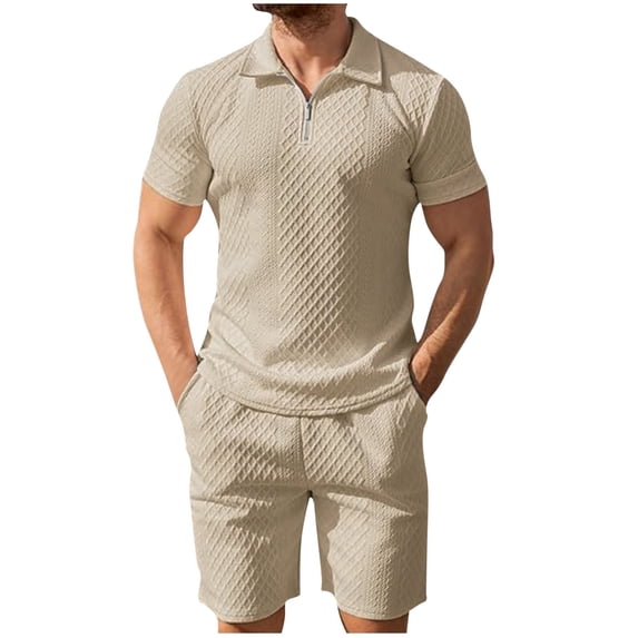 CHUMUD Mens 2 Piece Summer Outfits Textured Classy Casual Quarter Zip Golf Shirt and Shorts Set Stretch Short Sleeve Suit