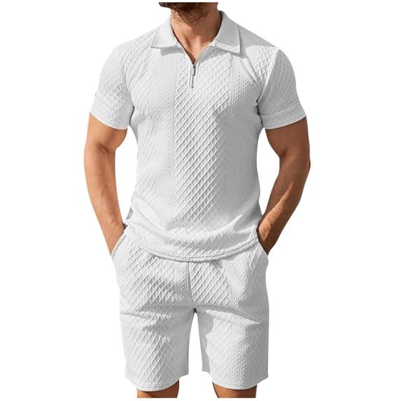 CHUMUD Mens 2 Piece Summer Outfits Textured Classy Casual Quarter Zip Golf Shirt and Shorts Set Stretch Short Sleeve Suit