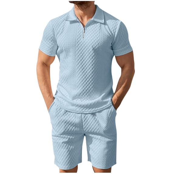 CHUMUD Mens 2 Piece Summer Outfits Textured Classy Casual Quarter Zip Golf Shirt and Shorts Set Stretch Short Sleeve Suit