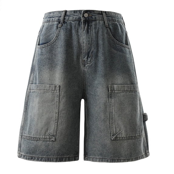 CHUMUD Mens Baggy Jean Shorts Loose Fit Vintage Denim Wide Leg Shorts Below Knee Elastic Waist Relaxed Fit Summer Casual Stretchy Cargo Shorts with Multi Pockets
