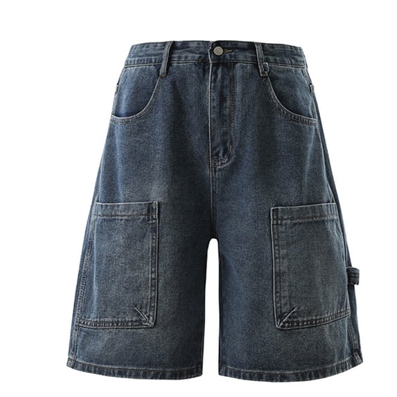 CHUMUD Mens Baggy Jean Shorts Loose Fit Vintage Denim Wide Leg Shorts Below Knee Elastic Waist Relaxed Fit Summer Casual Stretchy Cargo Shorts with Multi Pockets