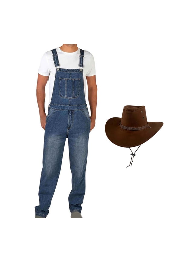 Mens Denim Bib Overalls, Jean Romper Trousers Adjustable Strap Workwear Slim Fit Jumpsuit Cowboy Onesie Outfits with Hat, Holiday Gifts, S-3XL