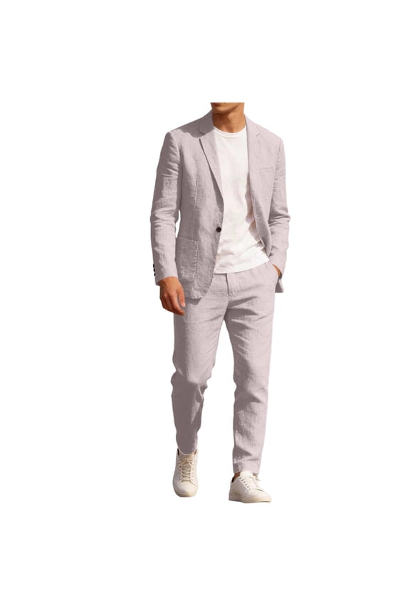 Mens Linen Suits 2 Piece Button Formal Tuxedo Jacket Suits Pants Set for Wedding Business Prom