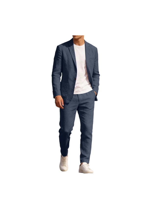 Mens Linen Suits 2 Piece Button Formal Tuxedo Jacket Suits Pants Set for Wedding Business Prom