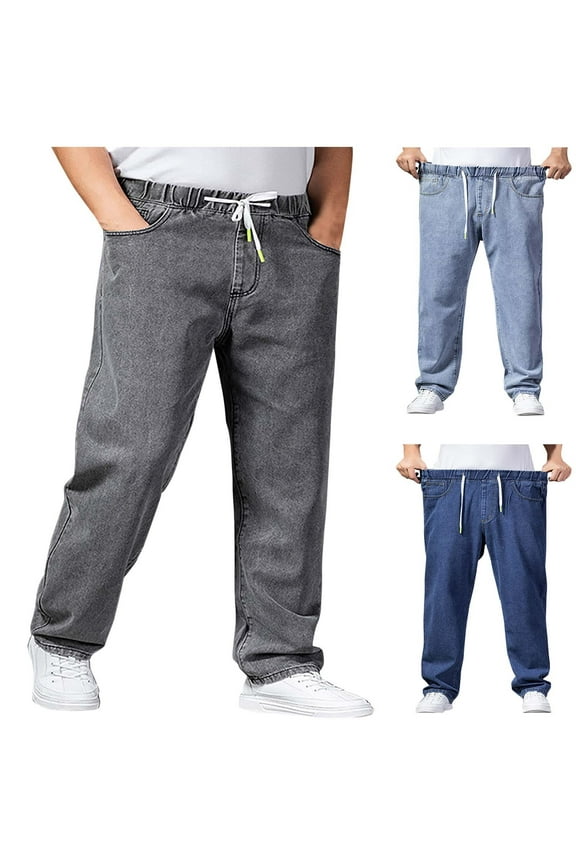 Mens Plus Size Baggy Jeans Drawstring Elastic Waist Straight Loose Jeans Stretchy Pull On Denim Pants M-5XL