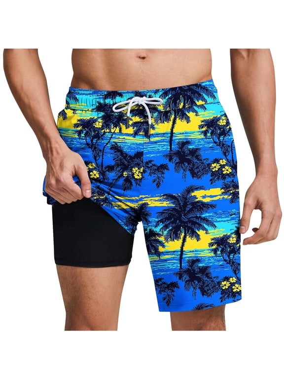 Mens Swim Trunks with Compression Liner Quick Dry Bathing Suit No-Chafing Swim Shorts Summer Casual