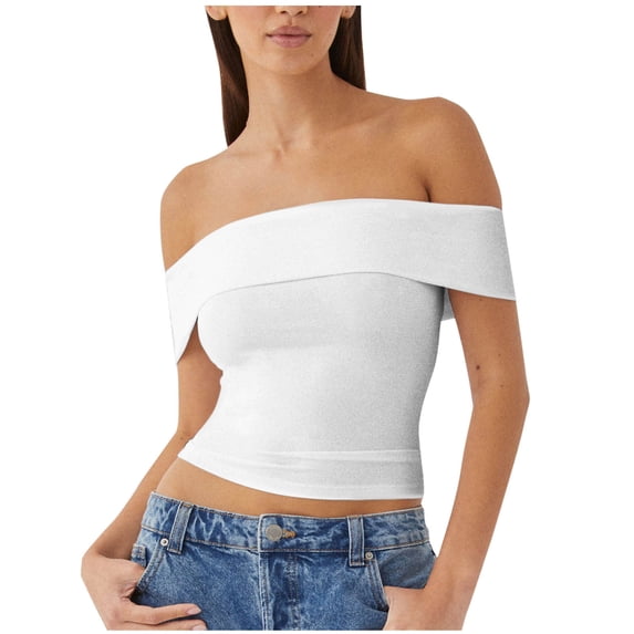 CHUMUD Off the Shoulder Tops for Women Going Out Short Sleeve Crop Top Cute Y2K Trendy Basic Clothes