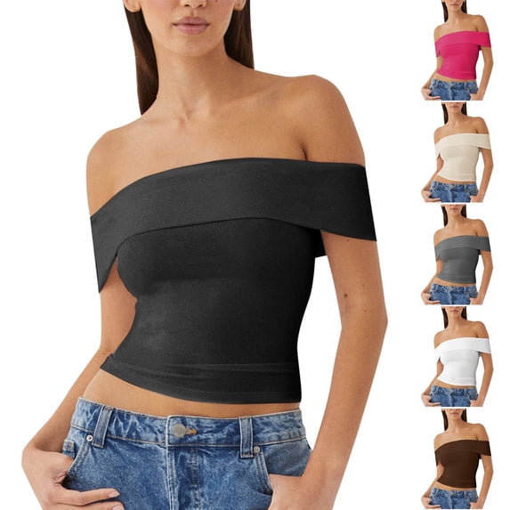 CHUMUD Off the Shoulder Tops for Women Going Out Short Sleeve Crop Top Cute Y2K Trendy Basic Clothes