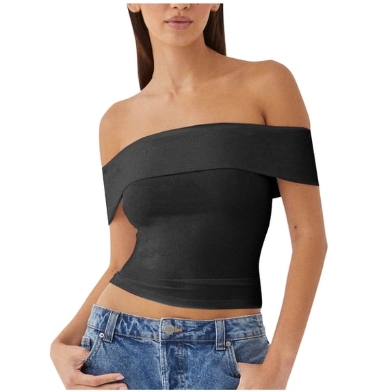 CHUMUD Off the Shoulder Tops for Women Going Out Short Sleeve Crop Top Cute Y2K Trendy Basic Clothes
