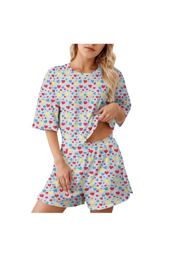 Pajama Set for Women Petite 2 Piece Soft Comfy Lounge Outfits Cute Printed Short Sleeve Pj Sleepwear Shorts Sets Loungewear Summer Casual