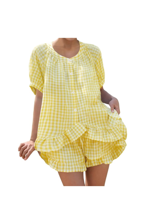 Pajama Sets for Women Short Sleeve 2 Piece Lounge Pjs Matching Summer Sleepwear Button Down Shirt Shorts Ruffle Hem Plaid Pj Set