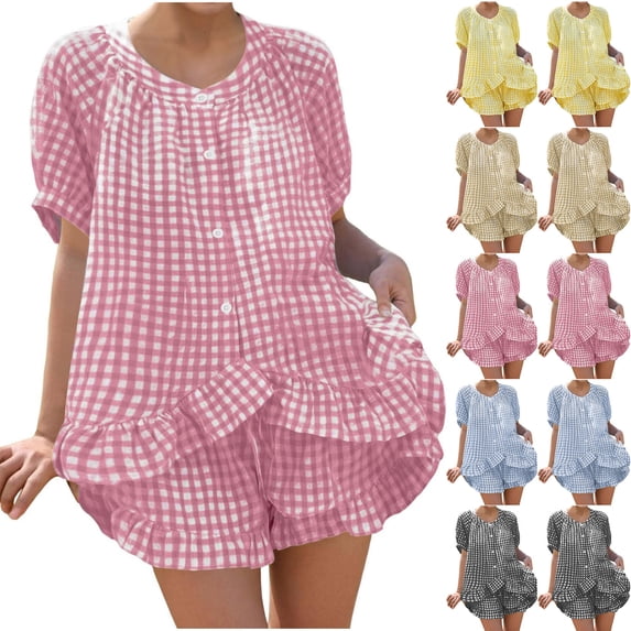 CHUMUD Pajama Sets for Women Short Sleeve 2 Piece Lounge Pjs Matching Summer Sleepwear Button Down Shirt Shorts Ruffle Hem Plaid Pj Set