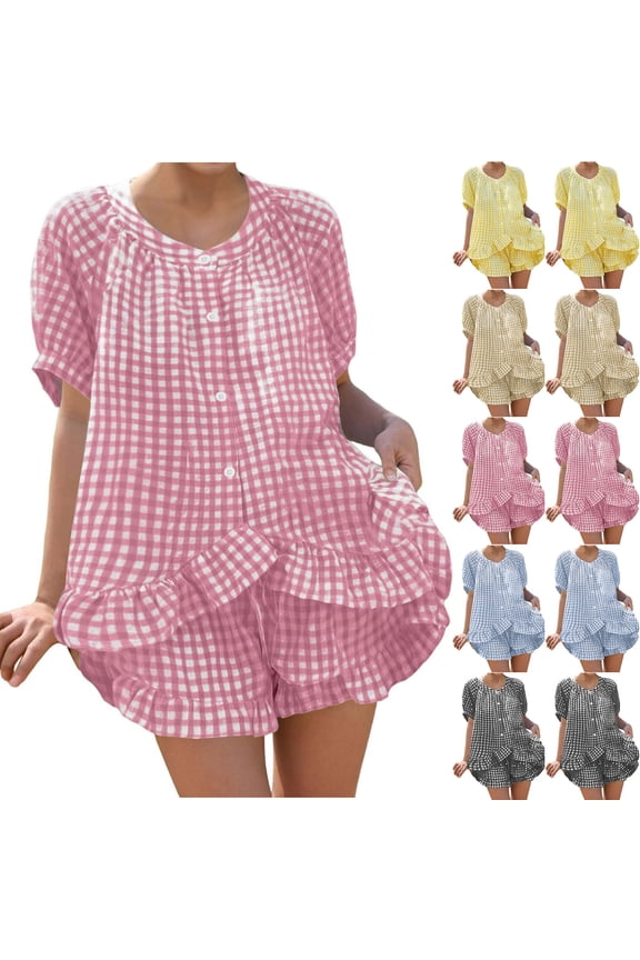 Pajama Sets for Women Short Sleeve 2 Piece Lounge Pjs Matching Summer Sleepwear Button Down Shirt Shorts Ruffle Hem Plaid Pj Set