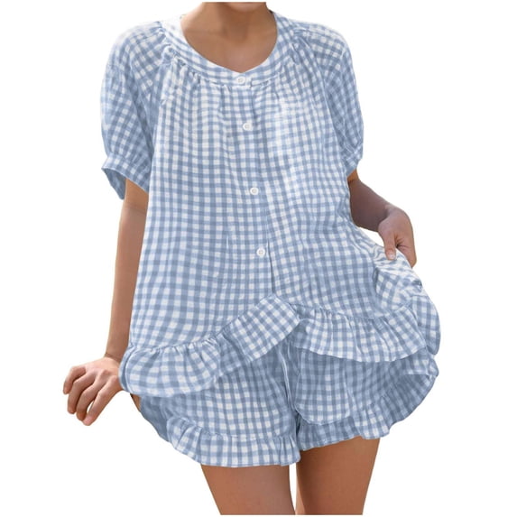 CHUMUD Pajama Sets for Women Short Sleeve 2 Piece Lounge Pjs Matching Summer Sleepwear Button Down Shirt Shorts Ruffle Hem Plaid Pj Set