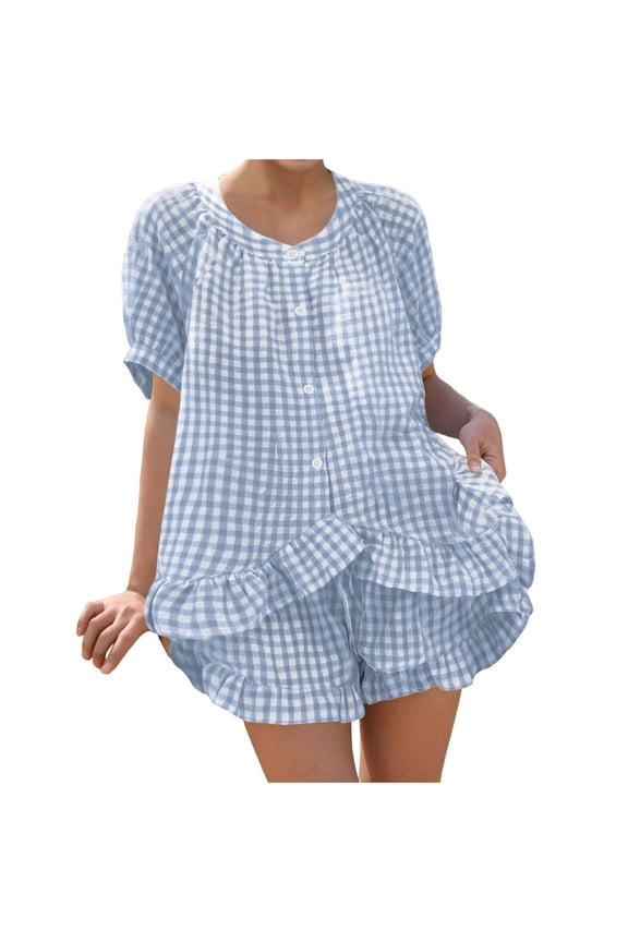Pajama Sets for Women Short Sleeve 2 Piece Lounge Pjs Matching Summer Sleepwear Button Down Shirt Shorts Ruffle Hem Plaid Pj Set