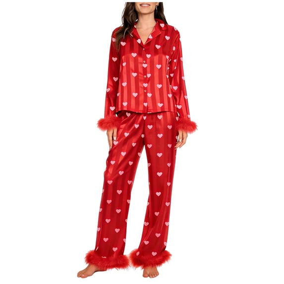 CHUMUD Pajamas Set for Women 2 Piece Pants Pj Set Long Sleeve Shirts Sleepwear Button Down Pjs Soft Fuzzy Cuffs Lounge Sets Summer Bridal Hearts Pajama