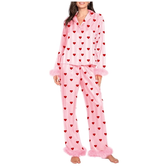 CHUMUD Pajamas Set for Women 2 Piece Pants Pj Set Long Sleeve Shirts Sleepwear Button Down Pjs Soft Fuzzy Cuffs Lounge Sets Summer Bridal Hearts Pajama
