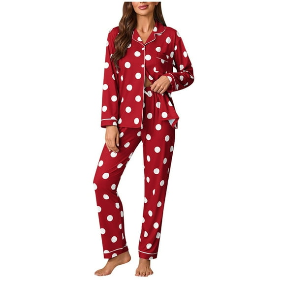 CHUMUD Pajamas for Women Set 2 Piece Lounge Sets Long Sleeve Button Down Loungewear Polka Dots Sleepwear Soft Pj, Chest Pocket