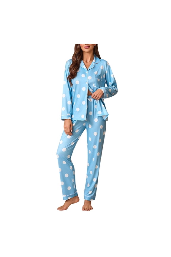 Pajamas for Women Set 2 Piece Lounge Sets Long Sleeve Button Down Loungewear Polka Dots Sleepwear Soft Pj, Chest Pocket
