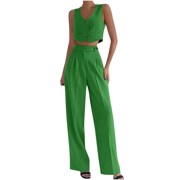 CHUMUD Pant Suits for Women Dressy Casual 2 Piece Work Sets Sleeveless Button Blazer Vest Crop Tank Top and Wide Leg Pants Going Out Summer